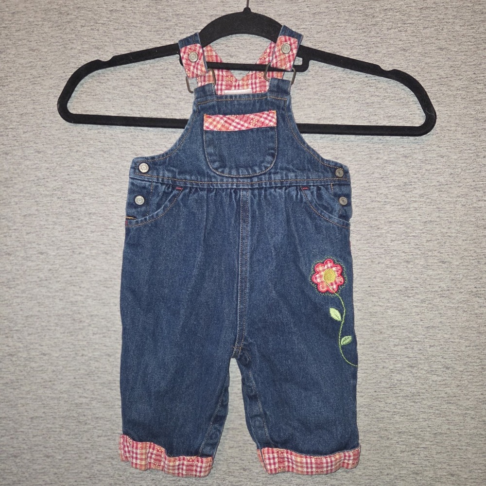 Carters Vintage Denim Gingham Floral Coveralls Patch Baby Girls Size 6-9 Months